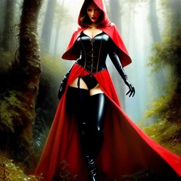 fullbody portrait 'beautiful sexy busty mature Red Riding Hood',wearing black skintight latex suit,hyperrealistic skin,Hyperrealistic Big eyes,painting by gaston bussiere, greg rutkowski, yoji shinkawa, yoshitaka amano, tsutomu nihei, donato giancola, tim hildebrandt, oil on canvas, cinematic composition,sharp image, extreme detail,((fit full head inside picture)),32k