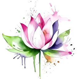 Minimal drawing of a water lily, abstract watercolor, pink, purple and green, background mostly white, like a canvas.