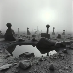 A striking quality close-up Ilford photograph captures a surreal wasteland with odd stones, pond, odd spindle-shaped objects, spooky, creepy, details of the dust very accentuated, glossy, organic, adorned with minerals and rocks, fog. Bathed in feeble light, eerie, James Ensor style, black sun, fog, volumetric light, octane render