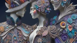 Surreal fantasy Couple Wearing Insanely Detailed Quilling consisting of Mixed Media Including Feathers, Foliage, Flowers, Leather, Buttons, Jewels, Twigs, Plastics, Glitter, Shells, Fabrics, Twine, And Thread; Award-Winning Neo-Surrealistic Masterpiece