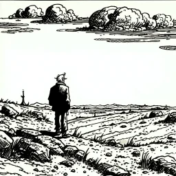 a alone man. pen and ink, birds eye view, illustrated by hergé, Background space and earth