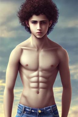 beautiful 12 year old arabic boy with long, curly hair and light blue eyes, not muscular, smiling, shirtless, in front of his father