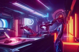 ( cyberpunk 2077, bladerunner 2049 ), a complex thick bifurcated robotic cnc surgical arm cybernetic symbiosis hybrid mri 3d printer machine making a bio chemical lab, art by artgerm and greg rutkowski and alphonse mucha, biomechanical, lens orbs, global illumination, lounge, architectural, f 32