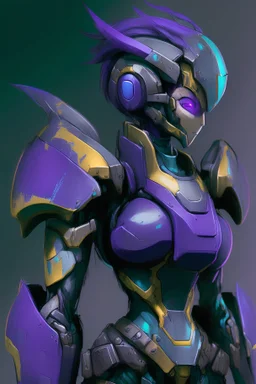 One Genderless Cyborg made of old rusted metal, has a human like face with a really long violet ponytail, they wear armor that is similar to Megaman. The color palatte of the armour is deep purple and yellow. They have Turquoise colured eyes. The Background is dark grey.