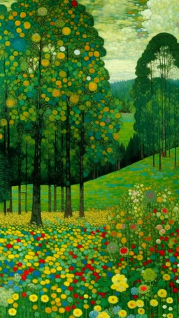 A greenish blue grove near a valley painted by Gustav Klimt