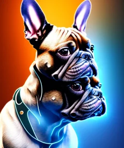 a detailed illustration of a french bulldog, phoenix bird wallpaper, luminescent body, full body, symmetrical body, realistic, glowing muscles, sharp focus, meticulously detailed, soft evening sky, 64k