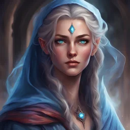 dungeons & dragons; digital art; portrait; headshot; female; wizard; evocation; ash hair; gray blue eyes; flowing robes; smirk; magical powers; powers; veil; braids; dark clothes; colorful clothes; traveling clothes