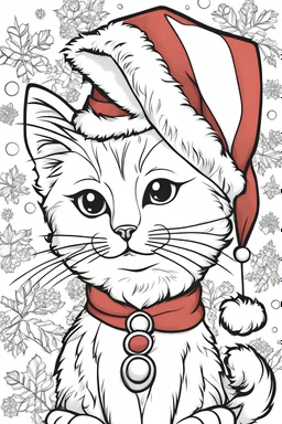 outline art for cute christmas style coloring pages with cat, white background, sketch sytle, only use outline, clean line art, white background, no shadows and clear and well outlined