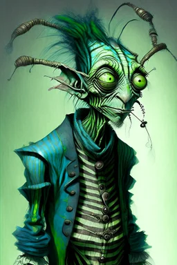 Artist Jean-Baptiste Monge style. A old biomorph male humanoid with Ant face. Bright eyes. A green and blue striped outfit. Modifiers: Tim Burton Craig Rutkowski