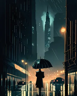 An atmospheric, noir-style illustration of a rainy cityscape at night, featuring glowing streetlights reflecting off the wet pavement, towering Art Deco skyscrapers, and a mysterious figure holding an umbrella, evoking a sense of intrigue and timelessness.