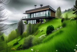Montaña con una casa moderna en la cima, mucha vegetación en los alrededores, con animales en la ladera, en un día lluvioso de primavera