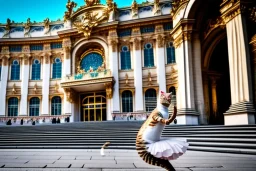 A cat dressed like a ballerina dancing in front of the opera in Vienna.