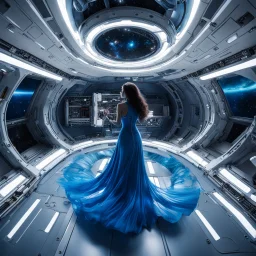 wide-angle photo of a woman in an electric blue dress, with long glowing blue wavy hair, on a space station with views into space