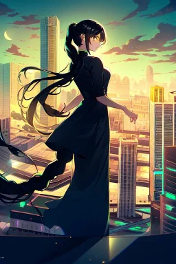 girl, masterpiece, best quality, cinematic lighting, detailed outfit, perfect eyes, black hair, golden eyes, long hair, ponytail, braided ponytail, girl standing in a modern cityscape at night with a bright yellow moon in the background, detailed cityscape illustration, neon lights, vibrant colors, dramatic lighting,