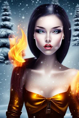 portrait young lady with big bobs black hairs Christmas in the snow and fire