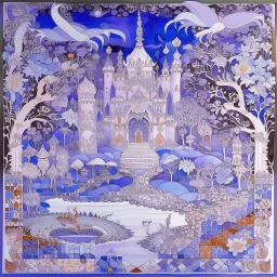 A violet haunted kingdom with ghosts designed in ancient Greek mosaics painted by Qiu Ying