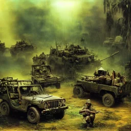 vietnam war. war report. jeep in jungle. poster. bokeh. lens flare. warm lights. high detailed. beksinski