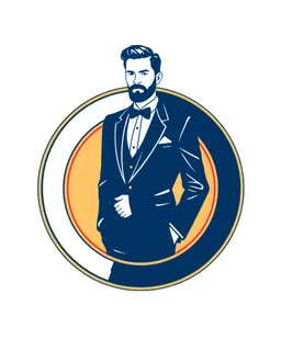 A circular logo with a vector of a groom in a suit at the top of the logo in a blue, red, white and gold color theme.
