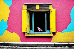 there are two birds sitting on a ledge next to a window, colorful mural on chipped walls, by Saurabh Jethani, photomanipulation, pink and yellow, by Liza Donnelly, diptych, eye catching composition, open window, open door, double exposure, double entendre, dramatic, dynamic, whizz dynamics, liminal vibe, amazing reflections, great contrasts, excellent verticals, perfect parallels, orange tint, socinlars vibe