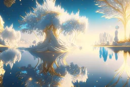 white and gold crystal cosmic and galactic ambiance sky trees river lake surreal, full of details, smooth, bright sunshine，soft light atmosphere, light effect，vaporwave colorful, concept art, smooth, extremely sharp detail, finely tuned detail, ultra high definition, 8 k, unreal engine 5, ultra sharp focus