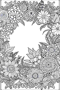 black and white beautiful frame made out of flowers for coloring pages, use a lot of big flowers in the frame, go all the way to the edges for the frame and leave a lot of space in the middle of the page, use only black and white, clear crisp outlines, no black background, go all the way to the outer edges of the page, use more space in the center of the page, make it rounder, use less shading, use more space in the center of the page, widen the frame, open up the frame