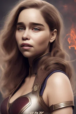 emilia clarke, head and shoulders portrait, superman clothes, 8k resolution, fog, smoke, fire, particles