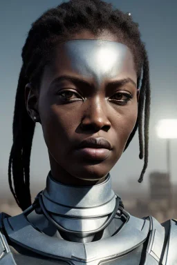 portrait,beautiful african robot, post-apocalyptic in a cyberpunk city, realistic, intriacte detail, sci-fi fantasy style, volumetric lighting, particales,highly detailed,cinamatic, deep