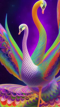 a psychedelic swan in a colorful wonderland