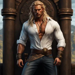 Very handsome warrior king, muscular, long blonde hair, male age 30, wearing jeans and a white button-up shirt, tan skin, tattoos, photorealistic 4k dark fantasy