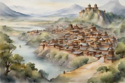 fantasy watercolor painting of large walled village with Mongolian empire architecture in a forested river valley surrounded by wooded hills with a vast plain in the distance