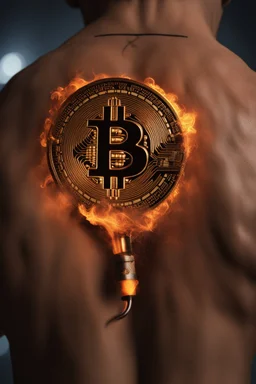 a branding iron has just burned a Bitcoin logo into the skin of a man. The mark is on the mans back and It is still hot and steam can be seen from the burn mark. Super realistic, dramatic, 8k