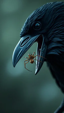 a crow hold in his mouth a spider, realistic , pro photography , high quality, and cinematic scene