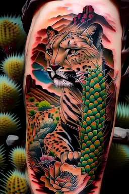 Japanese style tattoo of mountain lion with cacti