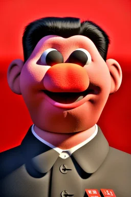 Waist up muppet Portrait, Kim Jong-un muppet doll, black suit, photo studio, red background, unreal engine 5, concept art, art station, god lights, ray tracing, RTX, lumen lighting, ultra detail, volumetric lighting, 3d.