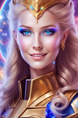 cosmic woman smile, admiral from the future, one fine whole face, crystalline skin, expressive blue eyes,rainbow, smiling lips, very nice smile, costume pleiadian, Beautiful tall woman pleiadian Galactic commander, ship, perfect datailed golden galactic suit, high rank, long blond hair, hand whit five perfect detailed finger, amazing big blue eyes, smilling mouth, high drfinition lips, cosmic happiness, bright colors, blue, pink, gold, jewels, realist, high,rainbow commander