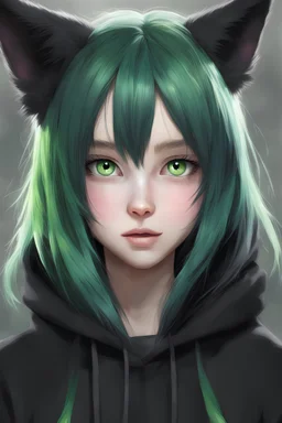 1girl, animal ear fluff, animal, realistic, ears, black eyes, black hair, black hoodie, cat ears, green eyes, green hair, heterochromia, long hair, monster energy, multicolored hair, solo,