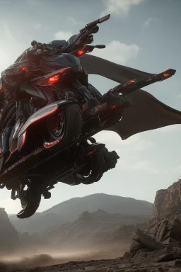 An advanced motorcycle with four wheels and a turbo jet in the back with rockets and machine guns Sauron, the lord of darkness, with the devil and his army, in the land of destruction