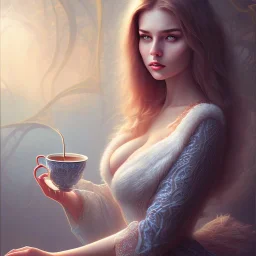 fantasy art, book cover, sexy grown up woman with normal eyes drinking tea by the mirror