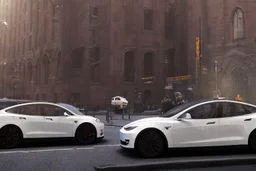 A Tesla 'Model Y' is parked, near the 'Central Synagogue' in New York City. (CINEMATIC, WIDE ANGLE LENS, PHOTO REAL)