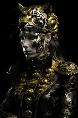 beautiful jaguar rococo punk decadent portrait adorned with filigree gold patinated dust textured vantablack leather filigree jaguarcat hat headdress wearing rococo punk gold and yellow copper colour gradient goth black white steel chain lace ribbed leather jacket embossed rococo florals, white opal black onix stone pearls ornated jacket dress organic bio spinal ribbed detail of rococo punk style decadent background extremely detailed hyperrealistic gothica filigree portrrait