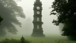 A solitary and elegant clock tower rises amidst a sprawling, fog-shrouded landscape. The clock tower, with its intricate stone carvings and Roman numerals, stands at the center of a vast, neglected garden. Overgrown with vines and moss, the once manicured lawns and paths are now wild and untamed. In the distance, a series of gently lit, rolling hills fade into the mist.