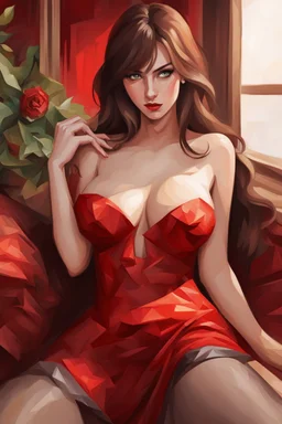 A stunning, seductive woman in a fiery red dress, casting a shy glance over her shoulder. cartoon style, cubism style