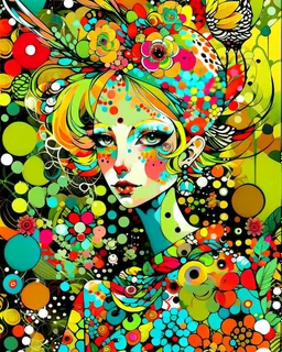 creative artistic modernist vibe, messy painterly, stylized illustration of a pale young woman with distinctive features, wearing a bold polka-dot outfit. She has extremely expressive eyes, sharp face, small nose and is adorned with oversized flowers in her hair. A delicate bird with intricate patterns is perched in her shoulder. bright accents color scheme with textured backgrounds. Overall style is painterly creative artistic modernist with a touch of whimsy vibe.