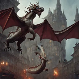 Dragon in a medieval city, Photorealism, Cinematic