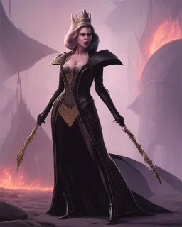 old evil queen in black leather gown, femme fatale, volouptous, busty, cleavage, angry, emperious, 8k resolution concept art portrait by Greg Rutkowski,