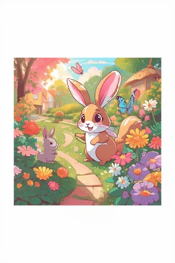 A beautiful butterfly, cute bunny and friendly squirrel looking excited in a colorful garden, child book illustration style