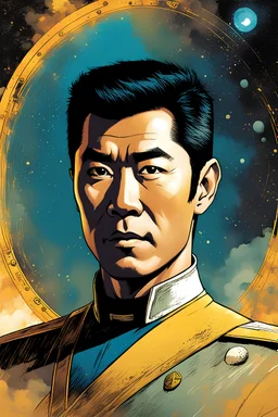 create a young Star Trek George Takei as Sulu, Ill met in lankhmar in the comic book art style of Mike Mignola, Bill Sienkiewicz and Jean Giraud Moebius, , highly detailed facial features, grainy, gritty textures, foreboding, dramatic otherworldly and ethereal lighting star trek insignia on chest
