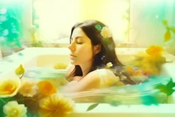 double exposure contented beautiful brunette in a big foam spa bathtube spa things, greenery and flovers, candles, plush towels, soft colors, in sunshine merged layers waterfall heart and love: burlap battery corrosion golden patina watercolor and glittering ink