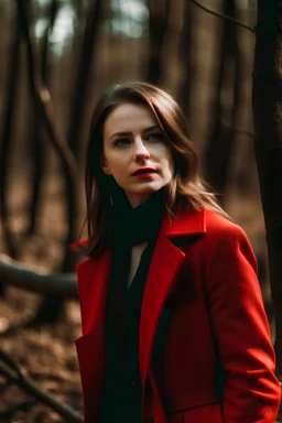sexy lady in red and handsome lost in the woods