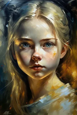 an expressive painting of a beautiful white young girl 3/2 view , we might see a companion with features of absolute strength and determination, blended with warmth and deep faith. Perhaps her face expresses wisdom and courage, with eyes radiating confidence and faith.